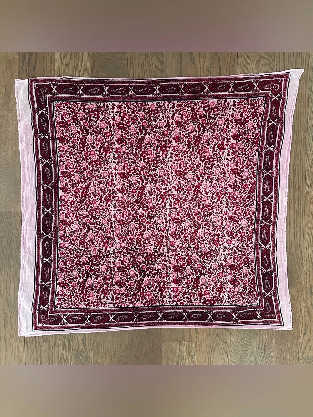 Vintage 1970s Block Print Floral Paisley Cotton Square Scarf Pink Multicolor 25